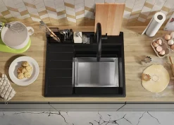 PRIMAGRAN Evier Cuisine en Granit Noir 62x53cm, Lavabo 1 bac + Kit de Vidage + Accessoires, Évier à Encastrer au meuble 45cm