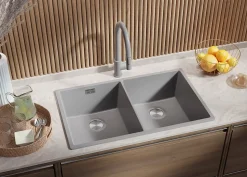 PRIMAGRAN Evier Cuisine en Granit Gris 76x47cm, Lavabo 2 bacs + Kit de Vidage + Accessoires, Évier à Encastrer au meuble 80cm