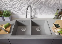 PRIMAGRAN Evier Cuisine en Granit Gris 76x47cm, Lavabo 2 bacs + Kit de Vidage + Accessoires, Évier à Encastrer au meuble 80cm
