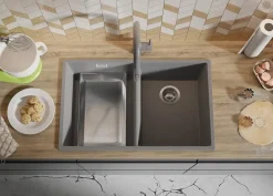 PRIMAGRAN Evier Cuisine en Granit Gris 76x47cm, Lavabo 2 bacs + Kit de Vidage + Accessoires, Évier à Encastrer au meuble 80cm