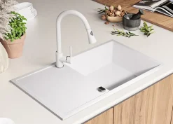 PRIMAGRAN Evier Cuisine en Granit Blanc 90x50cm, Lavabo 1 bac + Kit de Vidage, Évier à Encastrer au meuble 60cm - Ibiza