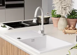 PRIMAGRAN Evier Cuisine en Granit Blanc 90x50cm, Lavabo 1 bac + Kit de Vidage, Évier à Encastrer au meuble 60cm - Ibiza