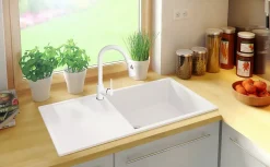 PRIMAGRAN Evier Cuisine en Granit Blanc 90x50cm, Lavabo 1 bac + Kit de Vidage, Évier à Encastrer au meuble 60cm - Ibiza