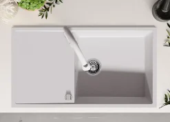 PRIMAGRAN Evier Cuisine en Granit Blanc 90x50cm, Lavabo 1 bac + Kit de Vidage, Évier à Encastrer au meuble 60cm - Ibiza