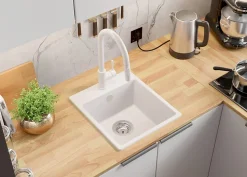 PRIMAGRAN Evier Cuisine en Granit Blanc 38x44cm, Lavabo 1 bac + Kit de Vidage, Évier à Encastrer au meuble 40cm - Riga Easy
