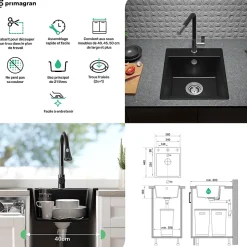 PRIMAGRAN Evier Cuisine en Granit Blanc 38x44cm, Lavabo 1 bac + Kit de Vidage, Évier à Encastrer au meuble 40cm - Riga Easy