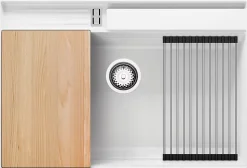 PRIMAGRAN Evier Cuisine en Granit Blanc 78x53cm, Lavabo 1 bac + Kit de Vidage + Accessoires, Évier à Encastrer au meuble 80cm