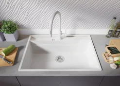 PRIMAGRAN Evier Cuisine en Granit Blanc 78x53cm, Lavabo 1 bac + Kit de Vidage + Accessoires, Évier à Encastrer au meuble 80cm