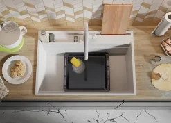 PRIMAGRAN Evier Cuisine en Granit Blanc 78x53cm, Lavabo 1 bac + Kit de Vidage + Accessoires, Évier à Encastrer au meuble 80cm