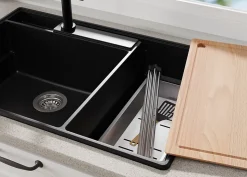 PRIMAGRAN Evier Cuisine en Granit Noir 78x53cm, Lavabo 2 bacs + Kit de Vidage + Accessoires, Évier à Encastrer au meuble 80cm