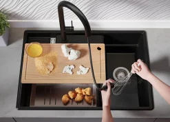 PRIMAGRAN Evier Cuisine en Granit Noir 78x53cm, Lavabo 2 bacs + Kit de Vidage + Accessoires, Évier à Encastrer au meuble 80cm