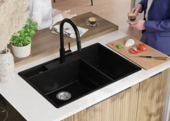 PRIMAGRAN Evier Cuisine en Granit Noir 78x53cm, Lavabo 2 bacs + Kit de Vidage + Accessoires, Évier à Encastrer au meuble 80cm