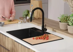 PRIMAGRAN Evier Cuisine en Granit Noir 78x53cm, Lavabo 2 bacs + Kit de Vidage + Accessoires, Évier à Encastrer au meuble 80cm
