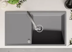 PRIMAGRAN Evier Cuisine en Granit Gris 90x50cm, Lavabo 1 bac + Kit de Vidage, Évier à Encastrer au meuble 60cm - Ibiza