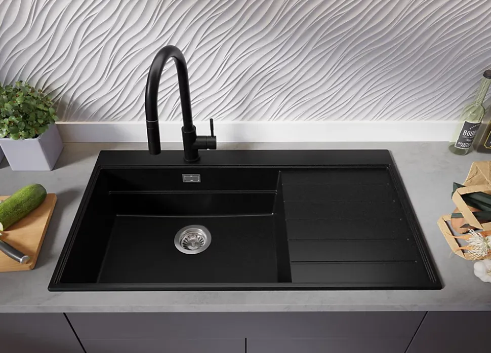 PRIMAGRAN Evier Cuisine en Granit Tout Noir 90x50cm, Lavabo 1 bac + Kit de Vidage + Accessoires, Évier à Encastrer au meuble 60cm