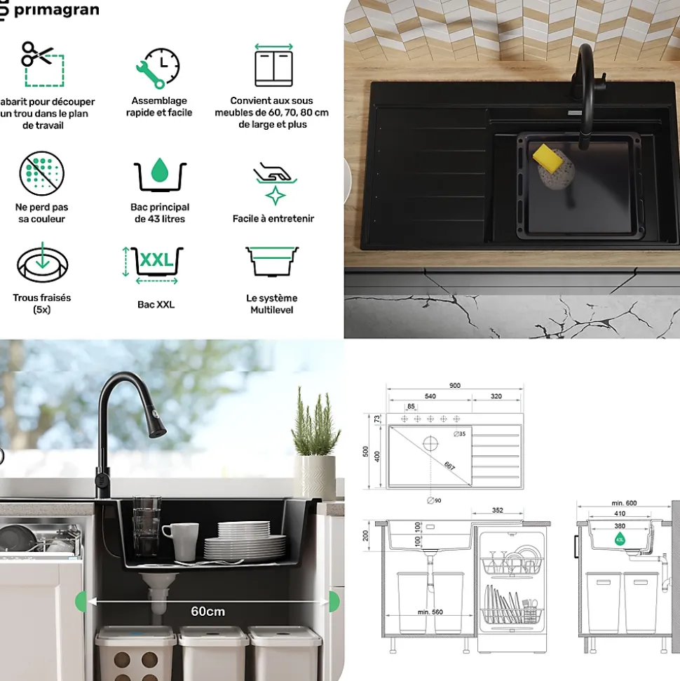 PRIMAGRAN Evier Cuisine en Granit Tout Noir 90x50cm, Lavabo 1 bac + Kit de Vidage + Accessoires, Évier à Encastrer au meuble 60cm