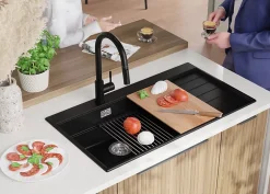 PRIMAGRAN Evier Cuisine en Granit Tout Noir 90x50cm, Lavabo 1 bac + Kit de Vidage + Accessoires, Évier à Encastrer au meuble 60cm