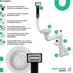 PRIMAGRAN Evier Cuisine en Granit Tout Blanc 55x44cm, Lavabo 1 bac + Accessoires, Évier à Encastrer au meuble 45cm