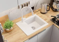 PRIMAGRAN Evier Cuisine en Granit Tout Blanc 55x44cm, Lavabo 1 bac + Accessoires, Évier à Encastrer au meuble 45cm