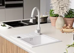 PRIMAGRAN Evier Cuisine en Granit Tout Blanc 55x44cm, Lavabo 1 bac + Accessoires, Évier à Encastrer au meuble 45cm