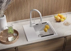 PRIMAGRAN Evier Cuisine en Granit Tout Blanc 55x44cm, Lavabo 1 bac + Accessoires, Évier à Encastrer au meuble 45cm