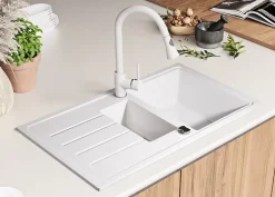 PRIMAGRAN Evier Cuisine en Granit Blanc 90x50cm, Lavabo 1,5 bacs + Kit de Vidage + Accessoires, Évier à Encastrer au meuble 60cm