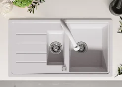 PRIMAGRAN Evier Cuisine en Granit Blanc 90x50cm, Lavabo 1,5 bacs + Kit de Vidage + Accessoires, Évier à Encastrer au meuble 60cm