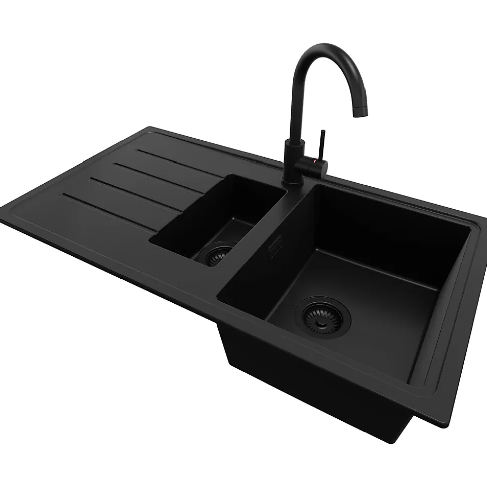 PRIMAGRAN Evier Cuisine en Granit Tout Noir 90x50cm, Lavabo 1,5 bacs + Accessoires, Évier à Encastrer au meuble 60cm