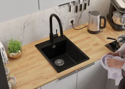 PRIMAGRAN Evier Cuisine en Granit Tout Noir 38x50cm, Lavabo 1 bac + Kit de Vidage, Évier à Encastrer au meuble 40cm - Riga