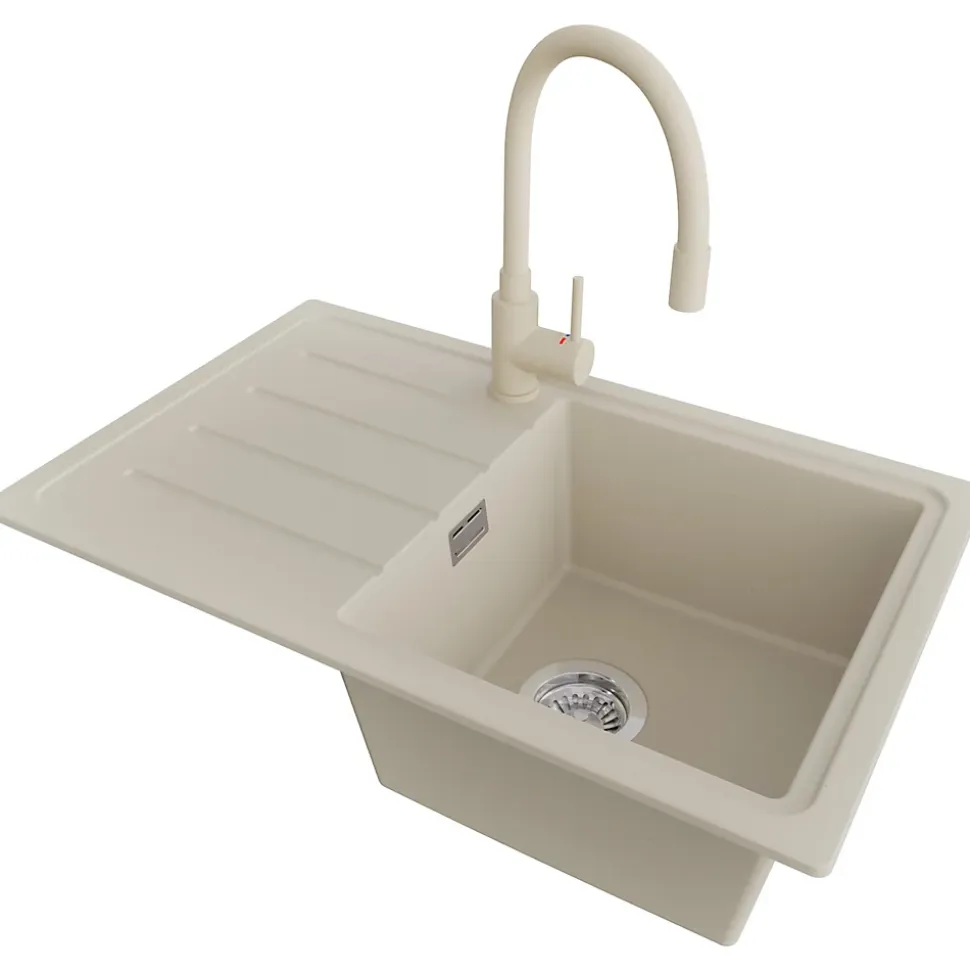 PRIMAGRAN Evier Cuisine en Granit Beige 70x44cm, Lavabo 1 bac + Kit de Vidage + Accessoires, Évier à Encastrer au meuble 45cm