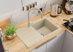 PRIMAGRAN Evier Cuisine en Granit Beige 70x44cm, Lavabo 1 bac + Kit de Vidage + Accessoires, Évier à Encastrer au meuble 45cm