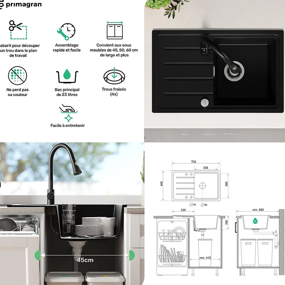 PRIMAGRAN Evier Cuisine en Granit Beige 70x44cm, Lavabo 1 bac + Kit de Vidage + Accessoires, Évier à Encastrer au meuble 45cm