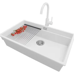 PRIMAGRAN Evier Cuisine en Granit Blanc 76x47cm, Lavabo 1 bac + Kit de Vidage + Accessoires, Évier à Encastrer au meuble 80cm