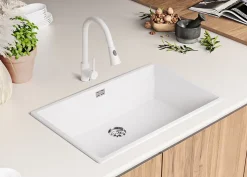 PRIMAGRAN Evier Cuisine en Granit Blanc 76x47cm, Lavabo 1 bac + Kit de Vidage + Accessoires, Évier à Encastrer au meuble 80cm