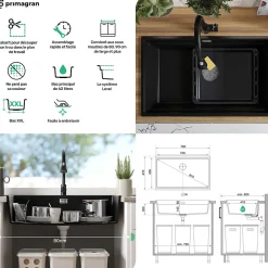 PRIMAGRAN Evier Cuisine en Granit Blanc 76x47cm, Lavabo 1 bac + Kit de Vidage + Accessoires, Évier à Encastrer au meuble 80cm