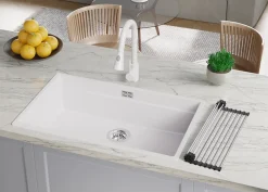 PRIMAGRAN Evier Cuisine en Granit Blanc 76x47cm, Lavabo 1 bac + Kit de Vidage + Accessoires, Évier à Encastrer au meuble 80cm