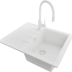 PRIMAGRAN Evier Cuisine en Granit Tout Blanc 62x50cm, Lavabo 1 bac + Accessoires, Évier à Encastrer au meuble 40cm