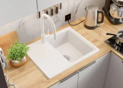 PRIMAGRAN Evier Cuisine en Granit Tout Blanc 62x50cm, Lavabo 1 bac + Accessoires, Évier à Encastrer au meuble 40cm