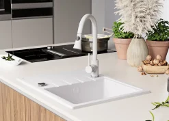 PRIMAGRAN Evier Cuisine en Granit Tout Blanc 62x50cm, Lavabo 1 bac + Accessoires, Évier à Encastrer au meuble 40cm