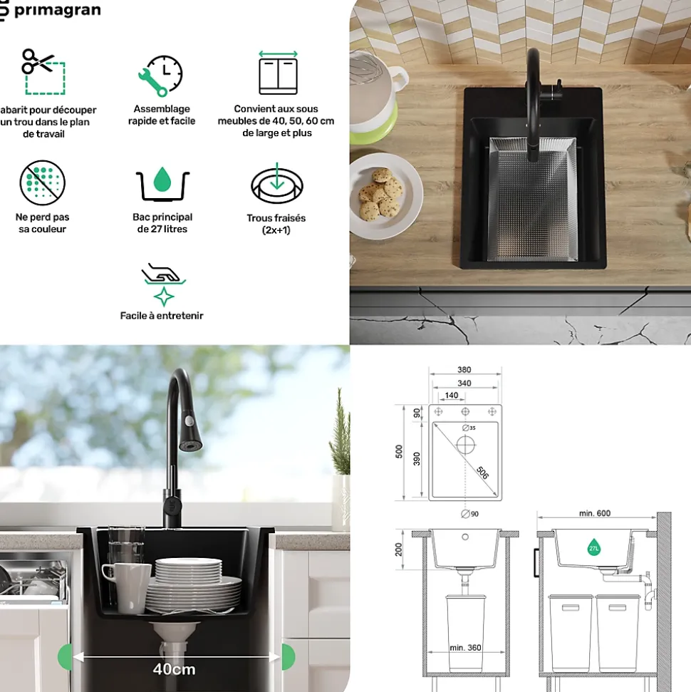 PRIMAGRAN Evier Cuisine en Granit Tout Noir 38x50cm, Lavabo 1 bac + Kit de Vidage + Accessoires, Évier à Encastrer au meuble 40cm