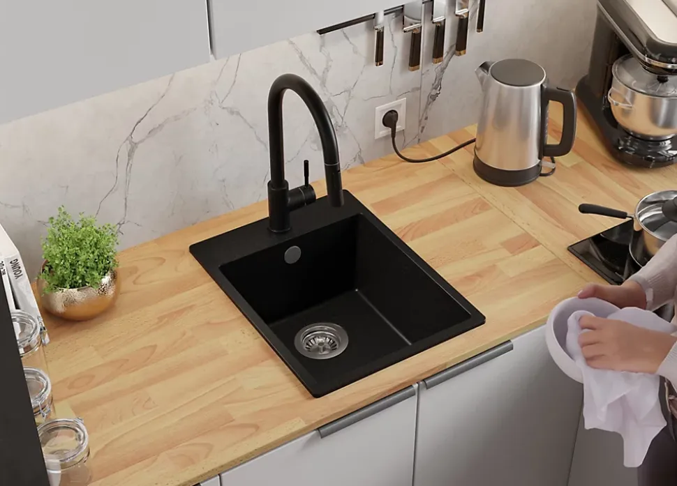 PRIMAGRAN Evier Cuisine en Granit Tout Noir 38x50cm, Lavabo 1 bac + Kit de Vidage + Accessoires, Évier à Encastrer au meuble 40cm
