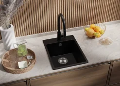 PRIMAGRAN Evier Cuisine en Granit Tout Noir 38x50cm, Lavabo 1 bac + Kit de Vidage + Accessoires, Évier à Encastrer au meuble 40cm