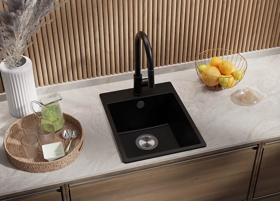 PRIMAGRAN Evier Cuisine en Granit Tout Noir 38x50cm, Lavabo 1 bac + Kit de Vidage + Accessoires, Évier à Encastrer au meuble 40cm