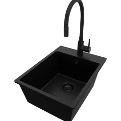 PRIMAGRAN Evier Cuisine en Granit Tout Noir 38x50cm, Lavabo 1 bac + Kit de Vidage + Accessoires, Évier à Encastrer au meuble 40cm