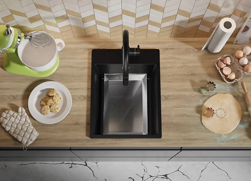 PRIMAGRAN Evier Cuisine en Granit Tout Noir 38x50cm, Lavabo 1 bac + Kit de Vidage + Accessoires, Évier à Encastrer au meuble 40cm