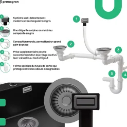 PRIMAGRAN Evier Cuisine en Granit Gris 78x50cm, Lavabo 2 bacs + Kit de Vidage, Évier à Encastrer au meuble 80cm - Madrid Twin