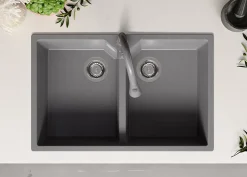 PRIMAGRAN Evier Cuisine en Granit Gris 78x50cm, Lavabo 2 bacs + Kit de Vidage, Évier à Encastrer au meuble 80cm - Madrid Twin