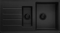 PRIMAGRAN Evier Cuisine en Granit Tout Noir 90x50cm, Lavabo 1,5 bacs + Accessoires, Évier à Encastrer au meuble 60cm