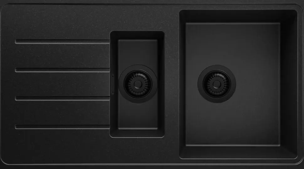 PRIMAGRAN Evier Cuisine en Granit Tout Noir 90x50cm, Lavabo 1,5 bacs + Accessoires, Évier à Encastrer au meuble 60cm