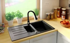 PRIMAGRAN Evier Cuisine en Granit Tout Noir 90x50cm, Lavabo 1,5 bacs + Accessoires, Évier à Encastrer au meuble 60cm